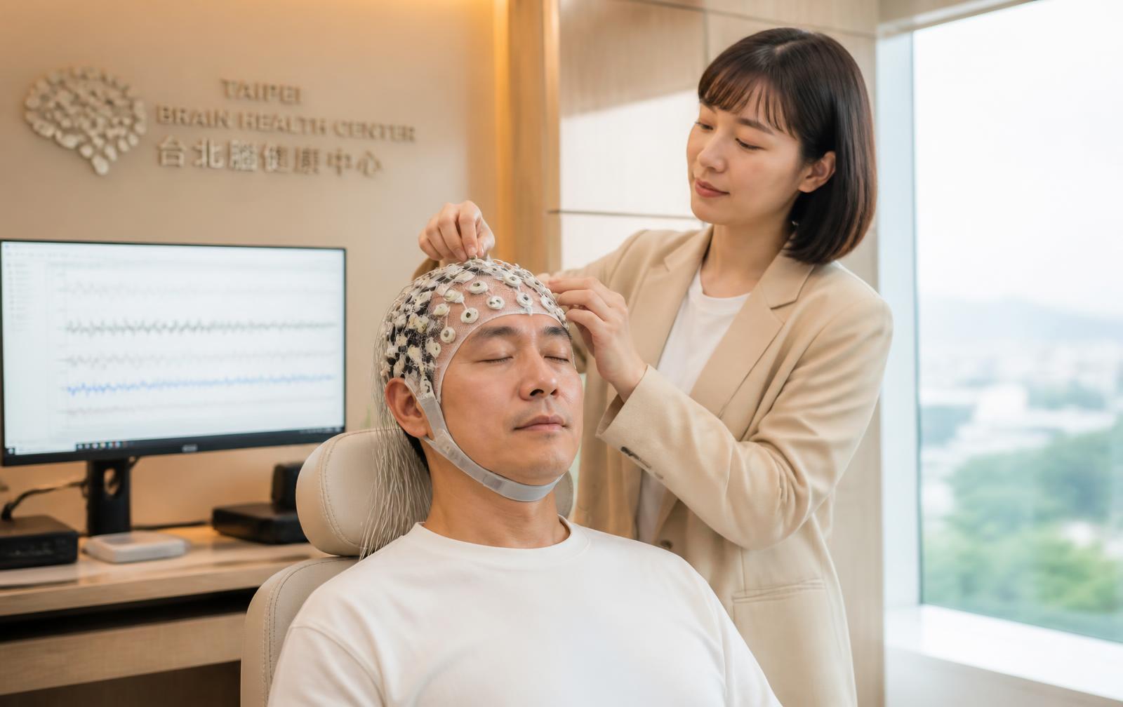 醫檢師為受檢者配戴腦波檢測電極帽